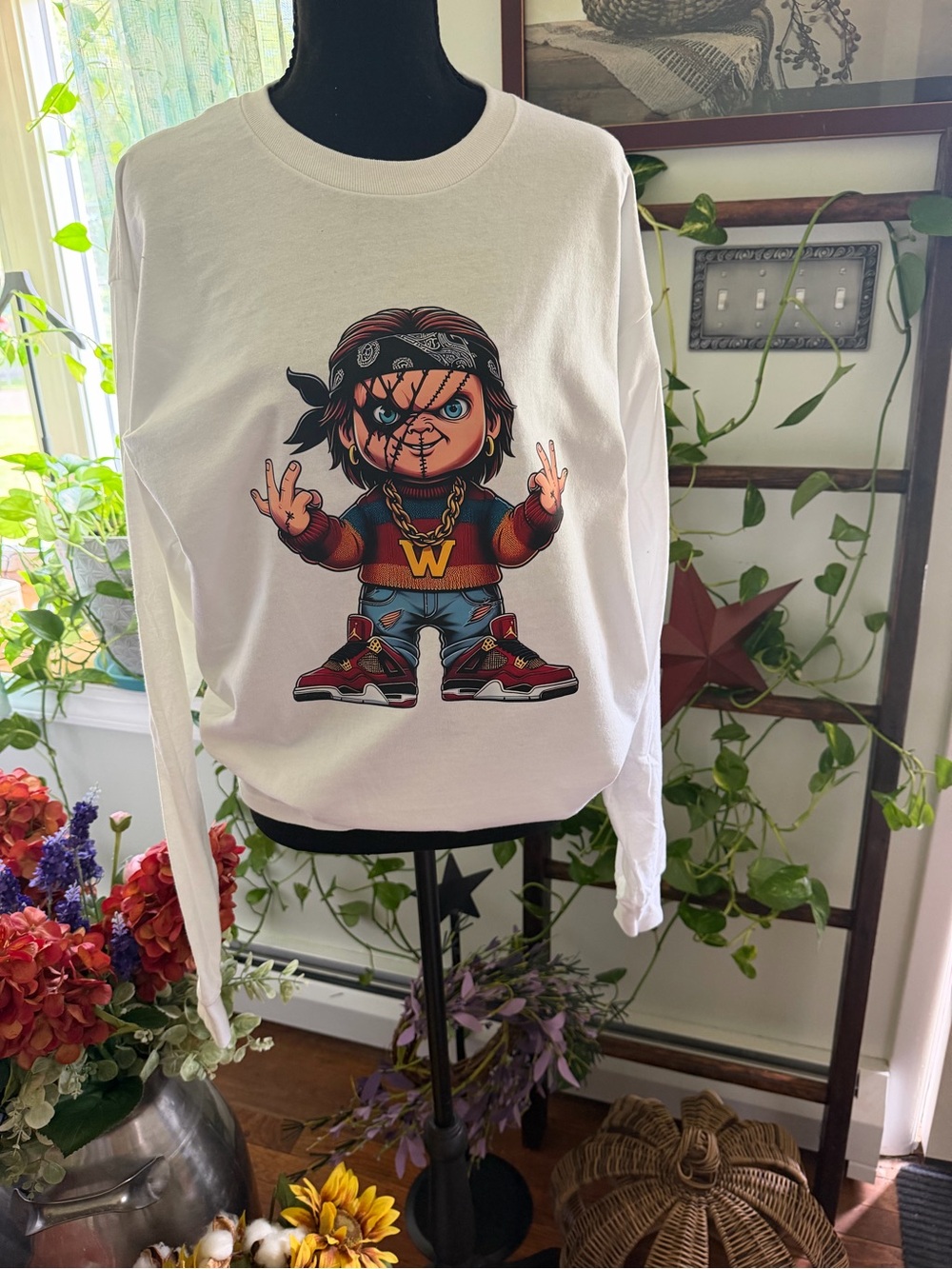 Unisex White Long-Sleeve Tee with Multicolor Cartoon Character